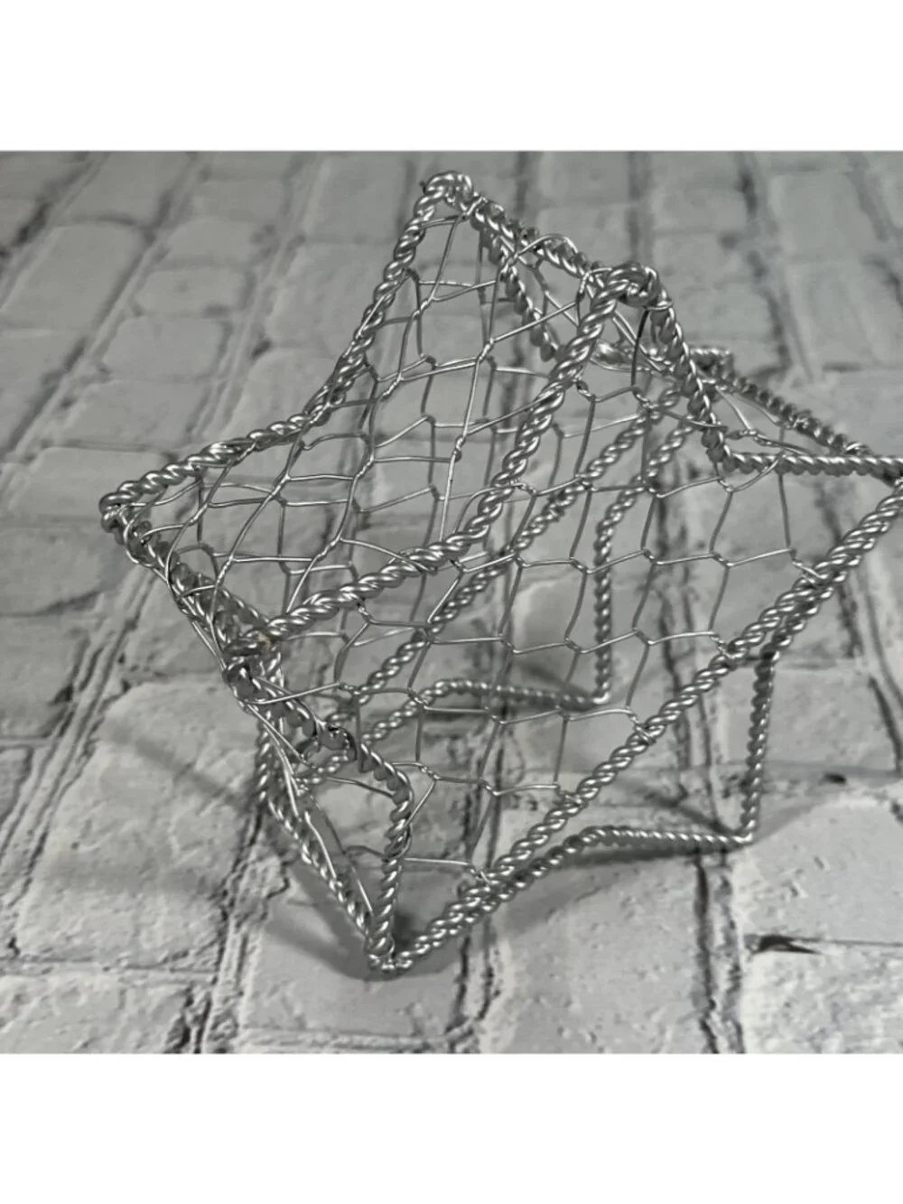 Silver Star-Shaped Wire Metal Decorative Basket Freestanding 6” X 6” X 2.5”